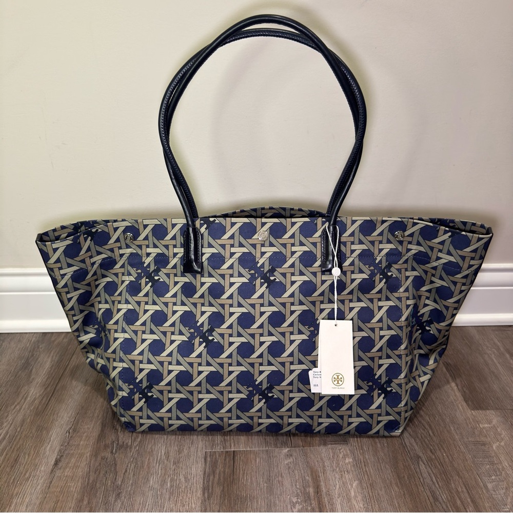 Tory Burch Canvas Basket Weave Tote in Navy